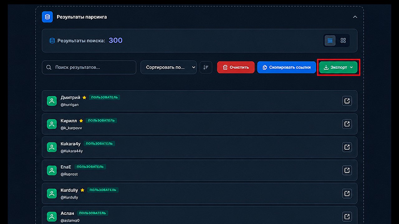 Результаты сбора пользователей Телеграм после парсинга в GramGPT.io