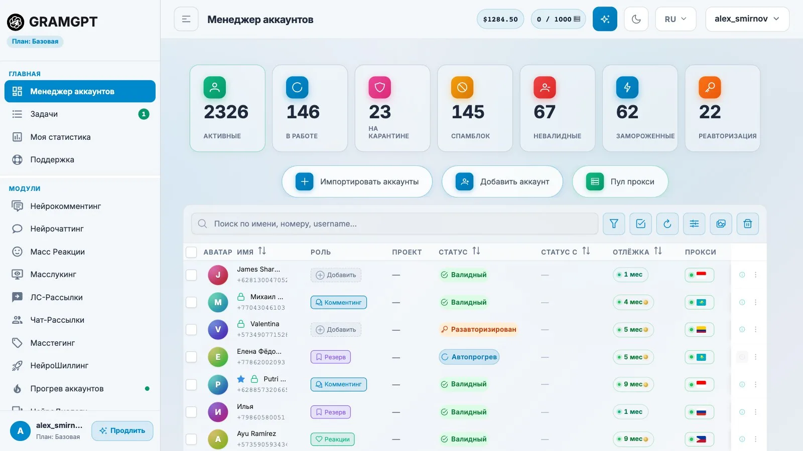 Интерфейс GramGPT — облачный телеграм комбайн с ИИ-модулями