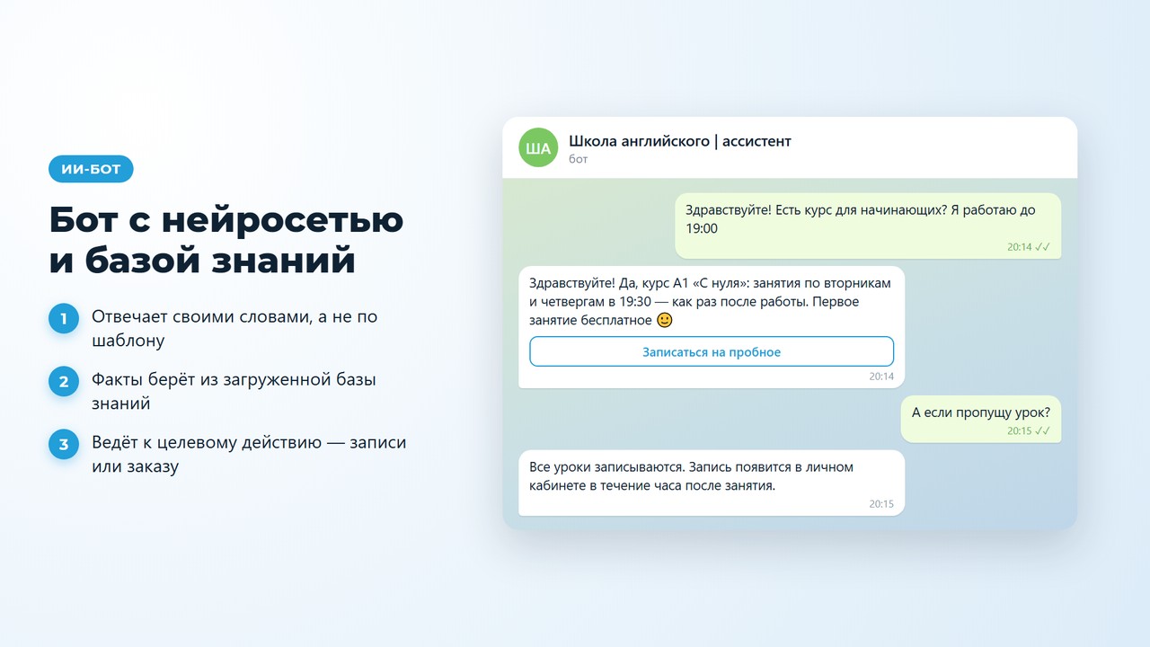 Пример ИИ-бота в телеграм: нейросеть отвечает клиенту по базе знаний и ведёт к записи