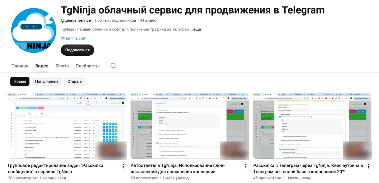 YouTube-канал TgNinja: 1,56 тысячи подписчиков и даты последних видео