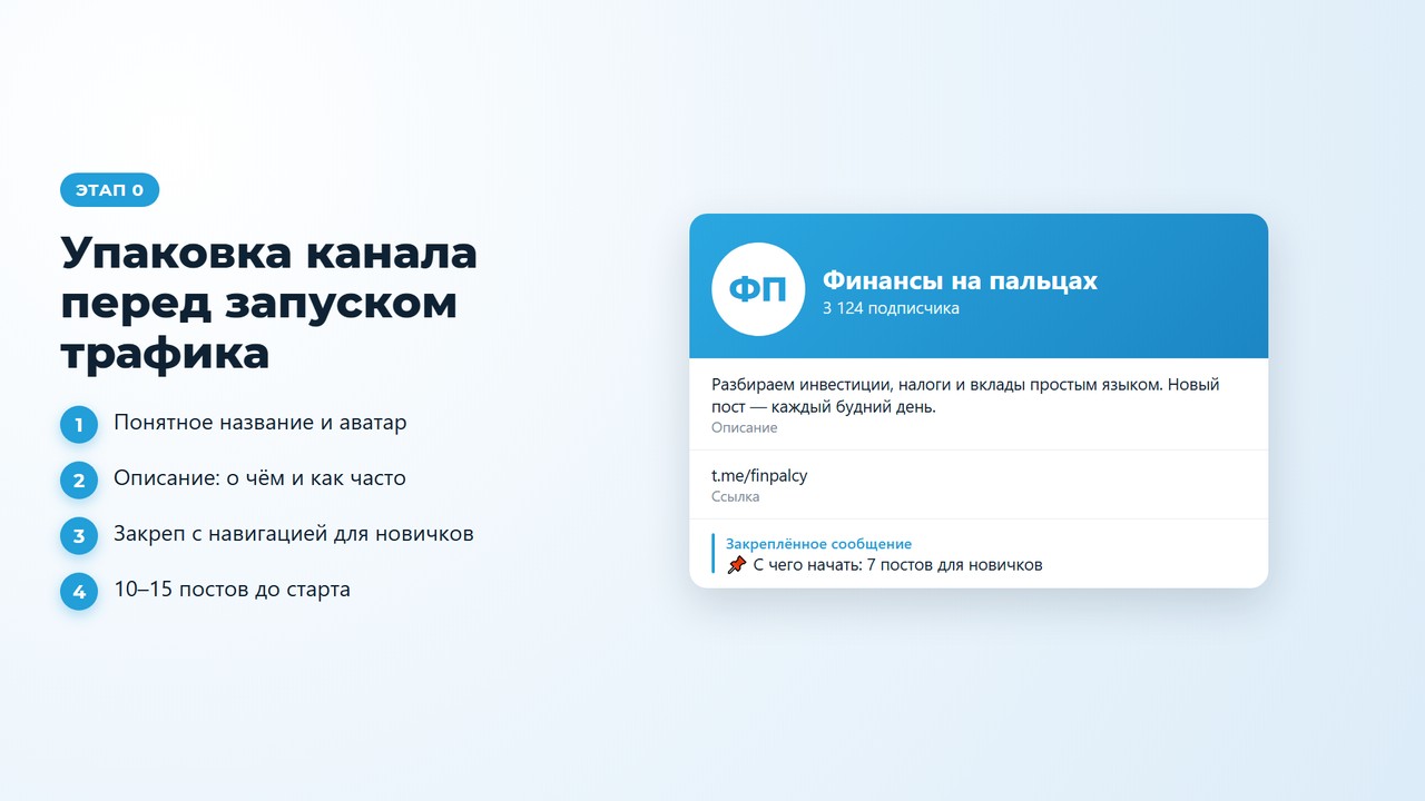 Пример упаковки телеграм канала: название, аватар, описание и закреп для новичков