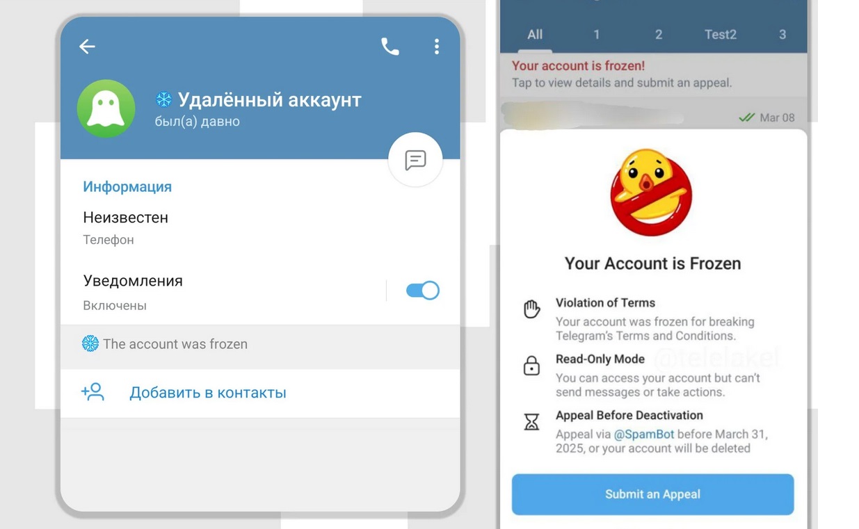 Уведомление о заморозке аккаунта в интерфейсе Telegram