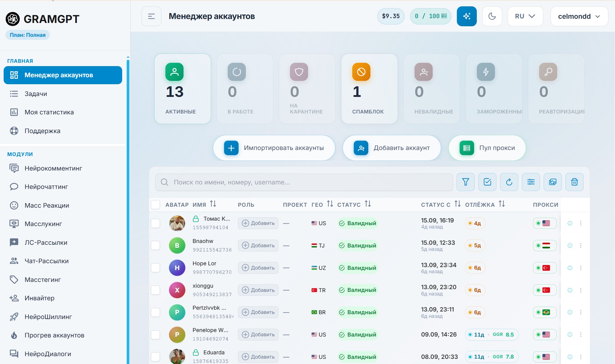 Интерфейс менеджера аккаунтов GramGPT — управление фермой аккаунтов