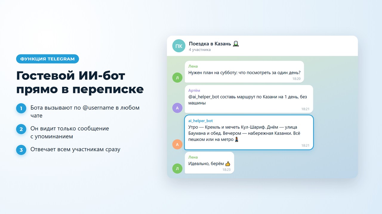 Гостевой ИИ бот в телеграм: бота вызывают по @username в групповом чате, и он отвечает всем участникам