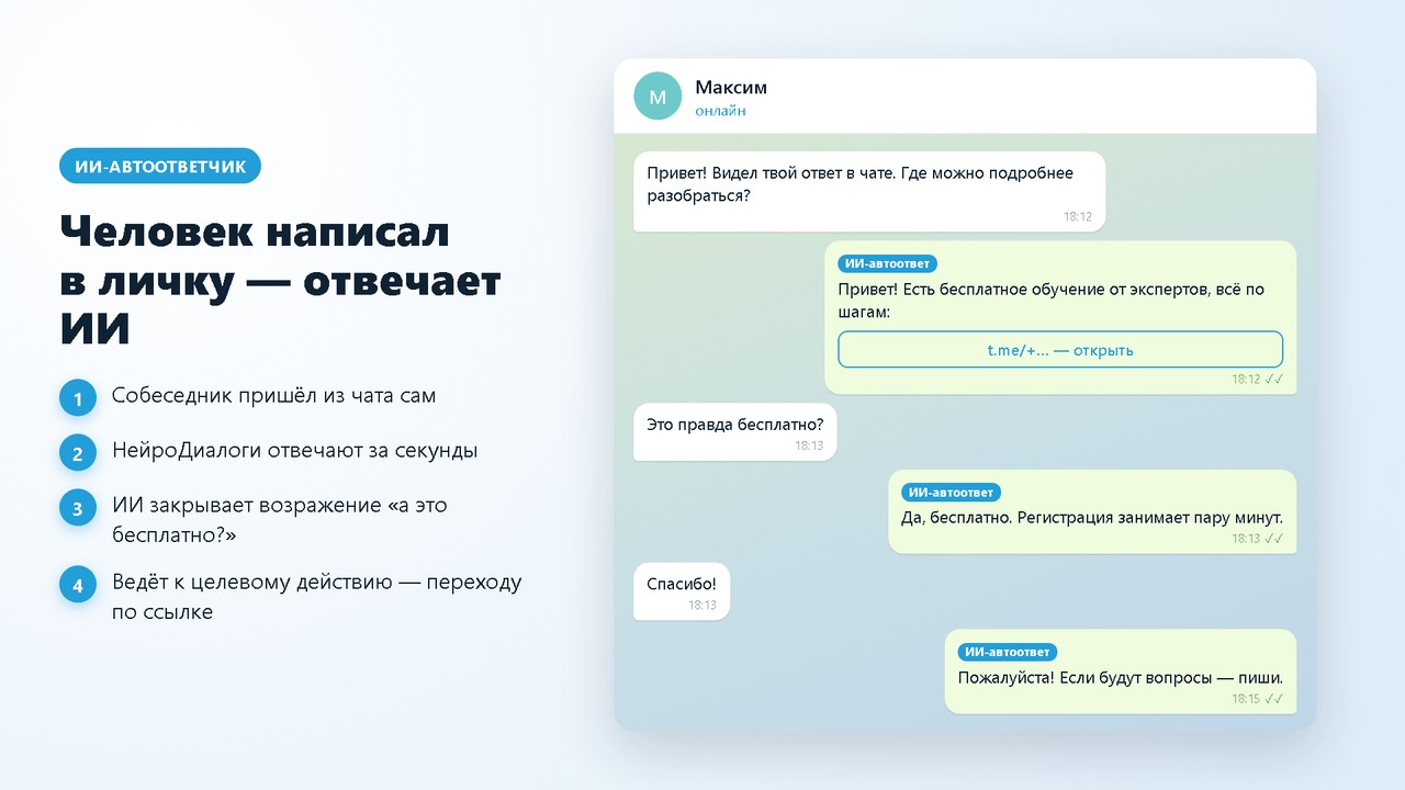 ИИ-автоответчик НейроДиалоги в личке Telegram: реальный диалог с человеком, который пришёл из чата