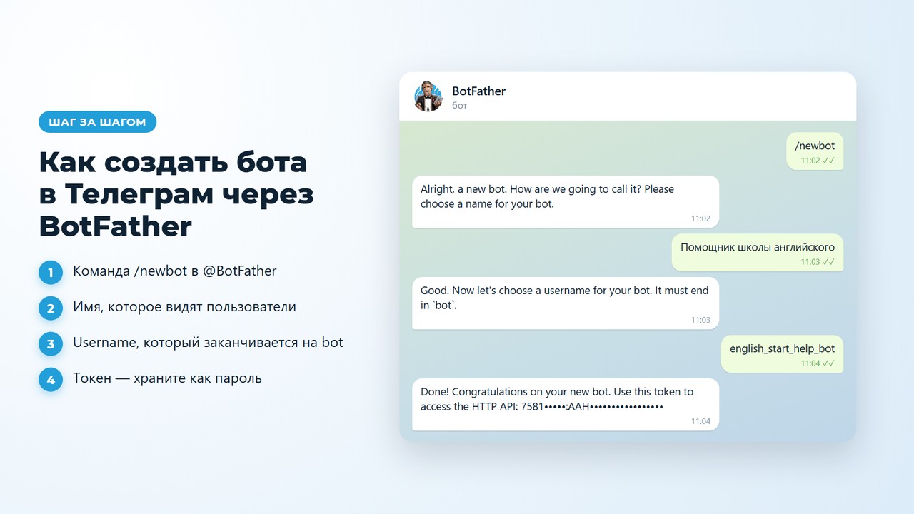 Как создать бота в телеграм через BotFather: команда /newbot, имя, username и токен